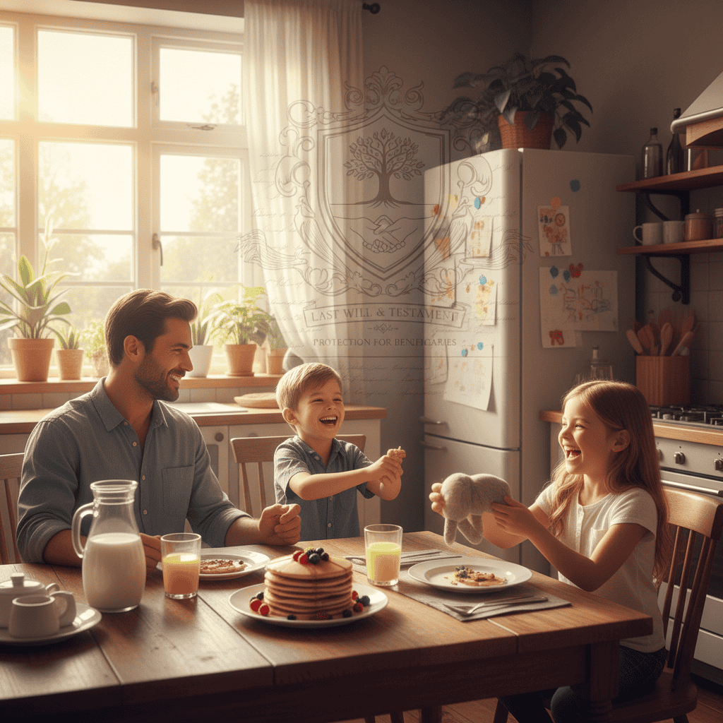 Family breakfast with kids playing, symbolizing estate planning for children.