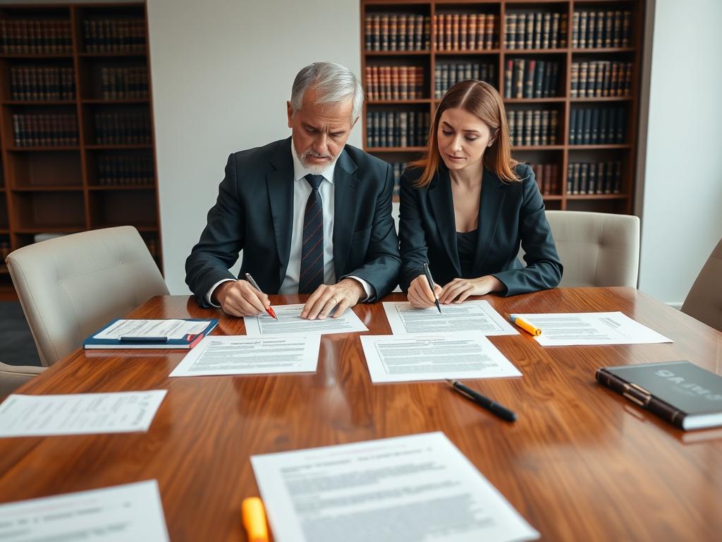 Attorneys reviewing discovery documents for estate litigation