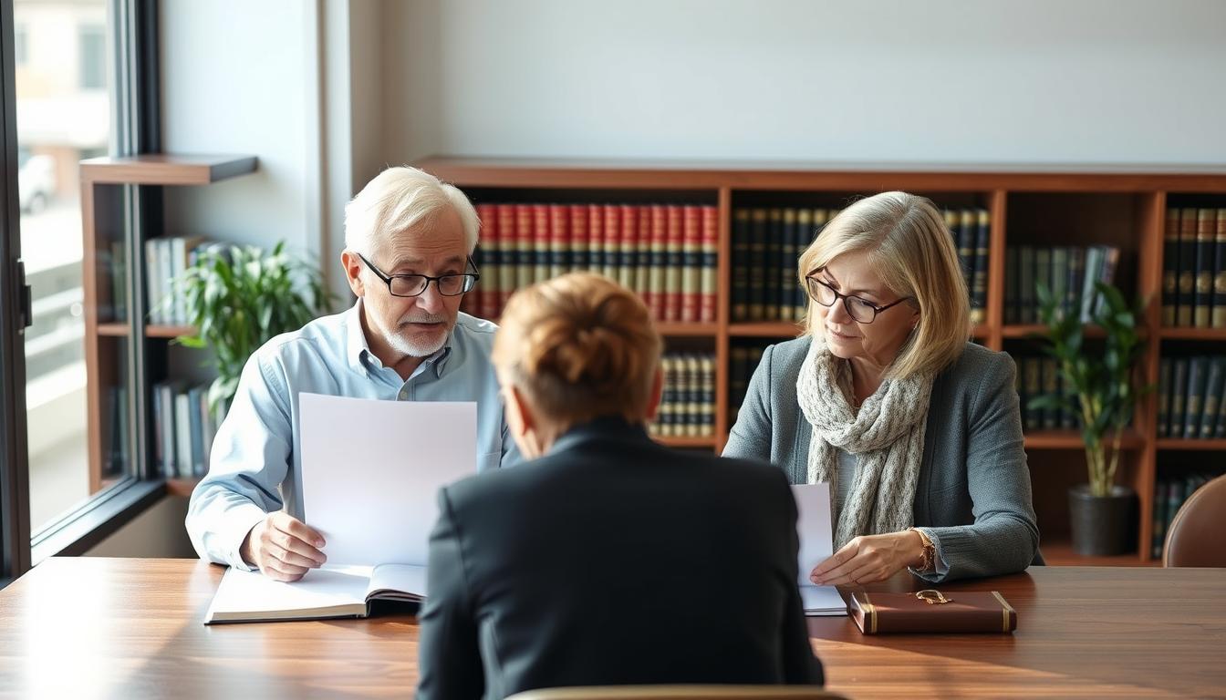 Elderly couple reviewing incapacity planning documents with an attorney