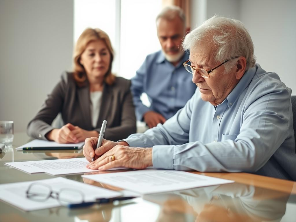 Elderly person signing legal documents with concerned family members watching