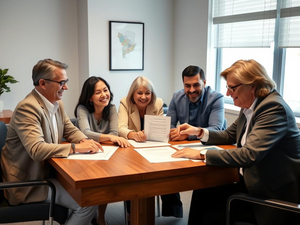 Family reviewing estate planning  documents including contingent beneficiary with an attorney