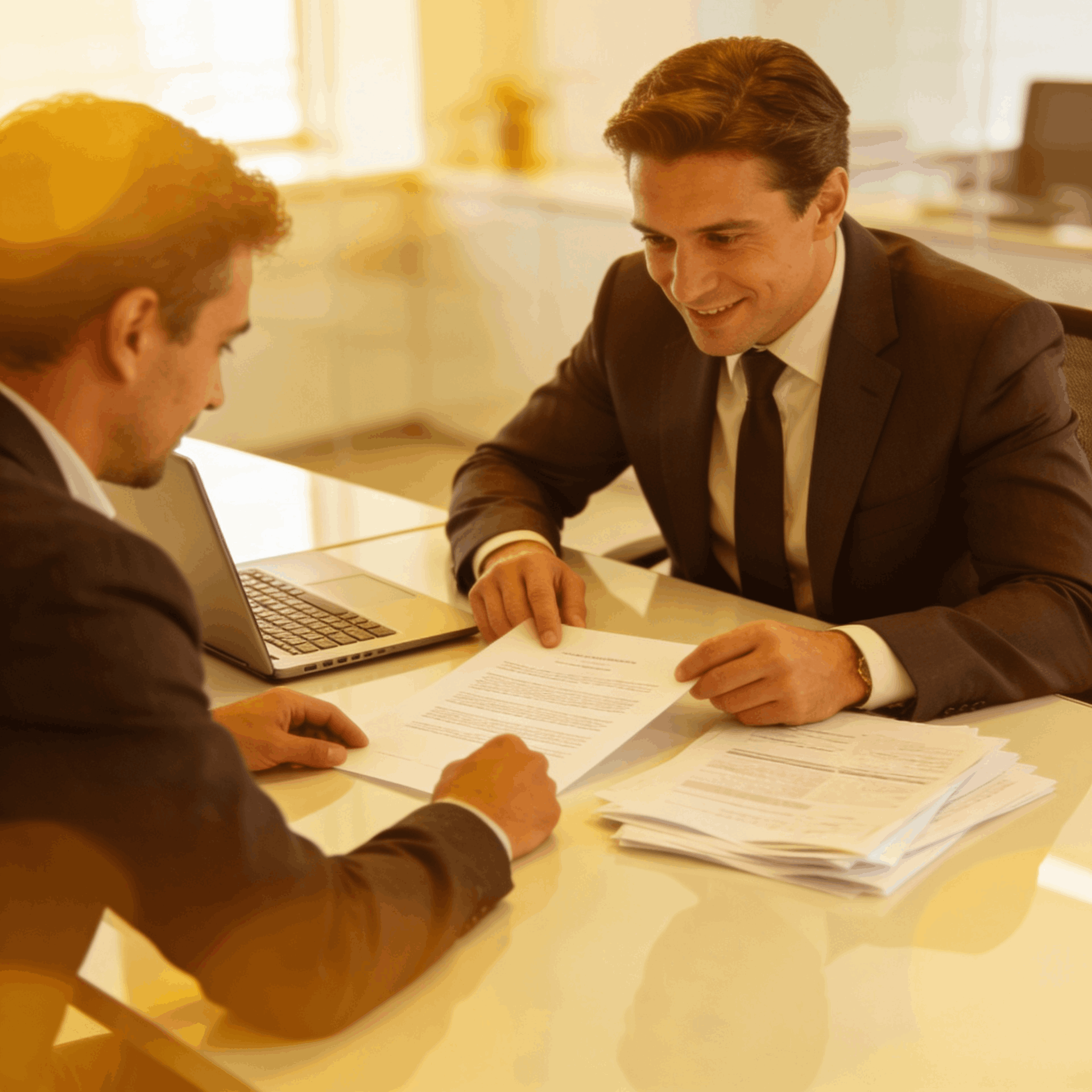 A business attorney and small business owner reviewing a contract together in a modern office