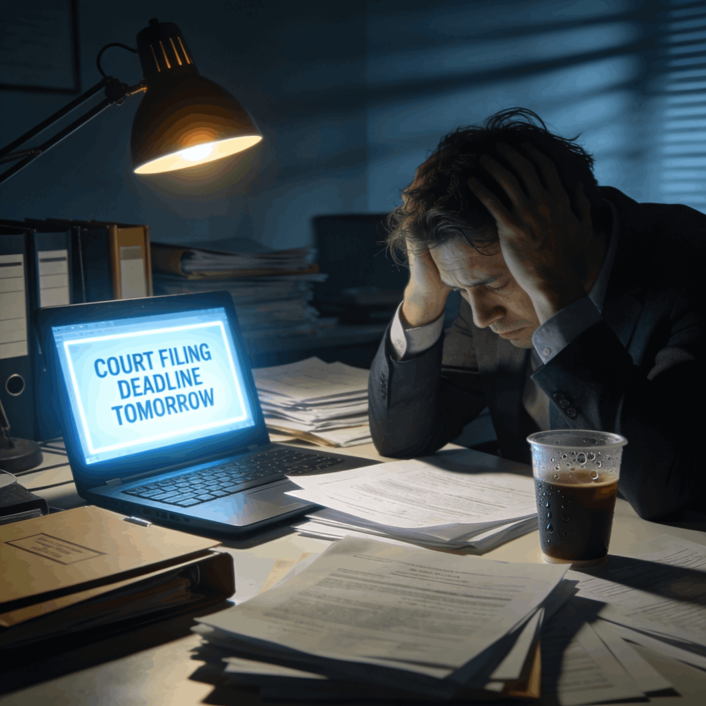Overwhelmed business owner surrounded by legal documents dealing with an unexpected lawsuit