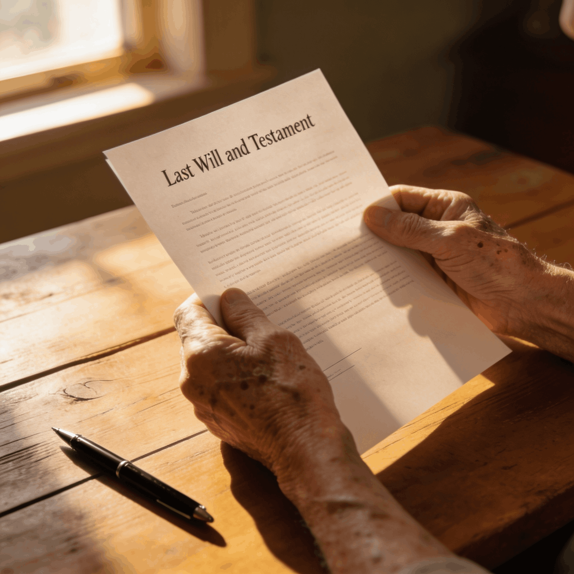 Elderly person holding a Last Will and Testament document on a wooden desk with a pen