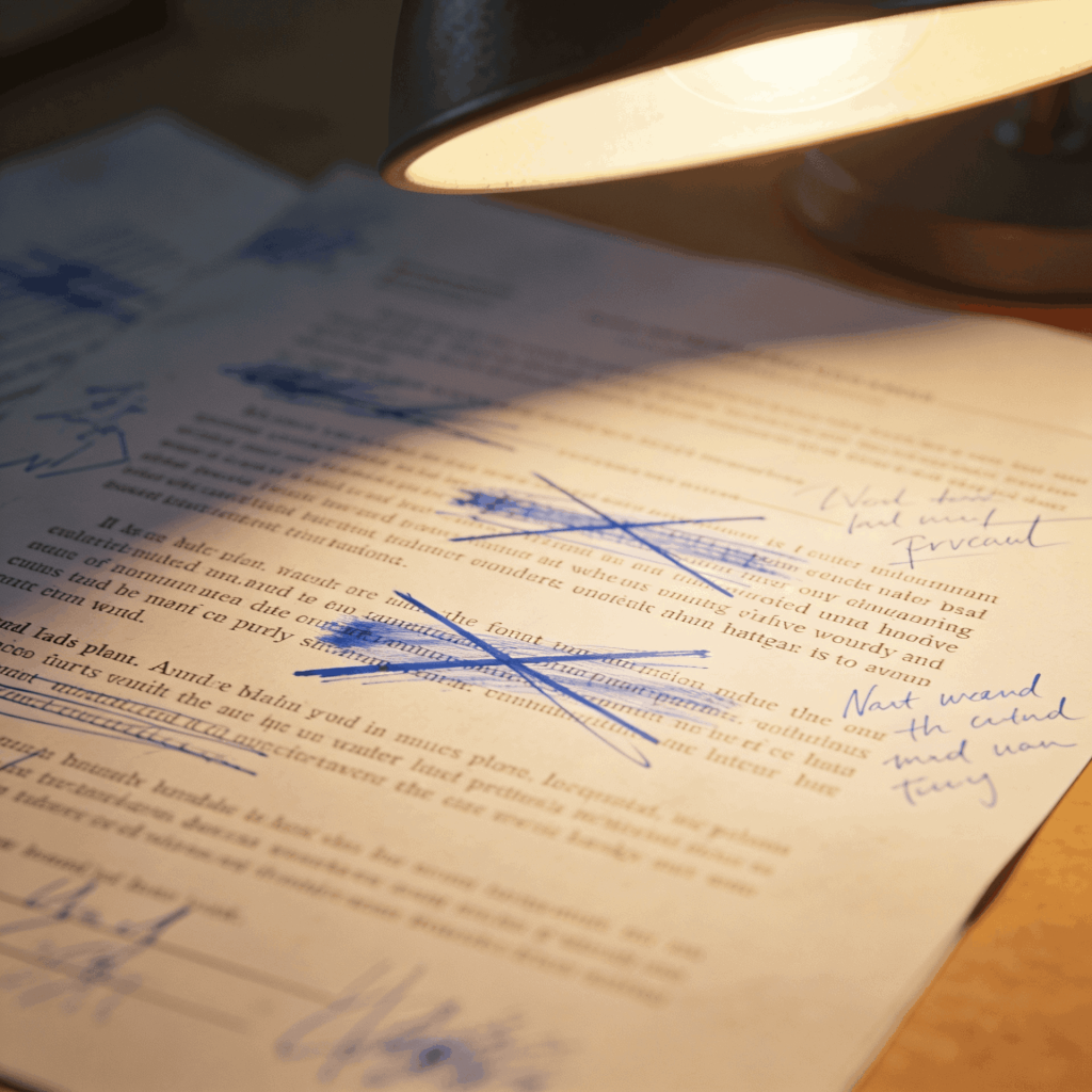 Printed will document with handwritten cross-outs and margin notes showing invalid informal edits
